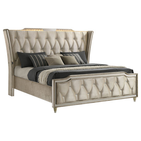 Lorient Ivory/Camel Queen LED Upholstered Wingback Bed - Ornate Home