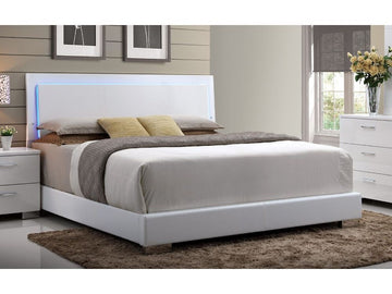 Lorimar White Faux Leather Eastern King Panel Bed w/ HB LED Light - Ornate Home
