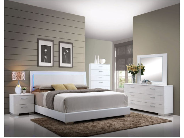 Lorimar White Faux Leather Queen Panel Bed w/ HB LED Light - Ornate Home