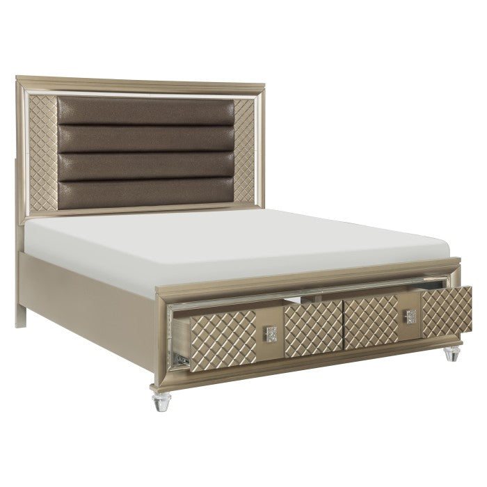 Loudon Champagne Queen Platform Bed With Led Lighting And Storage Footboard - Ornate Home
