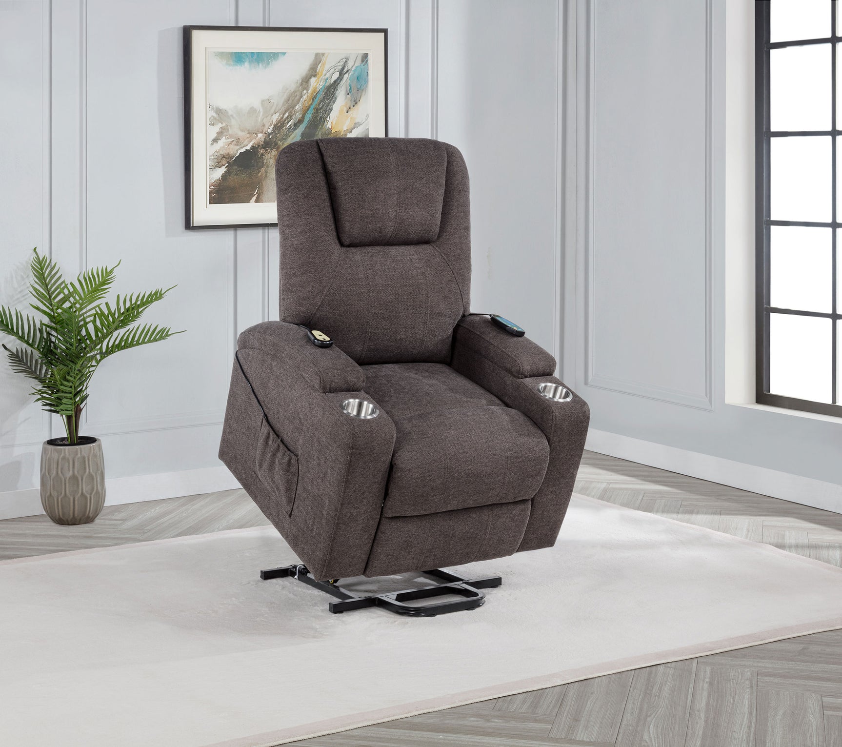 Louie Brown Chenille Upholstered Power Lift Massage Chair - Ornate Home