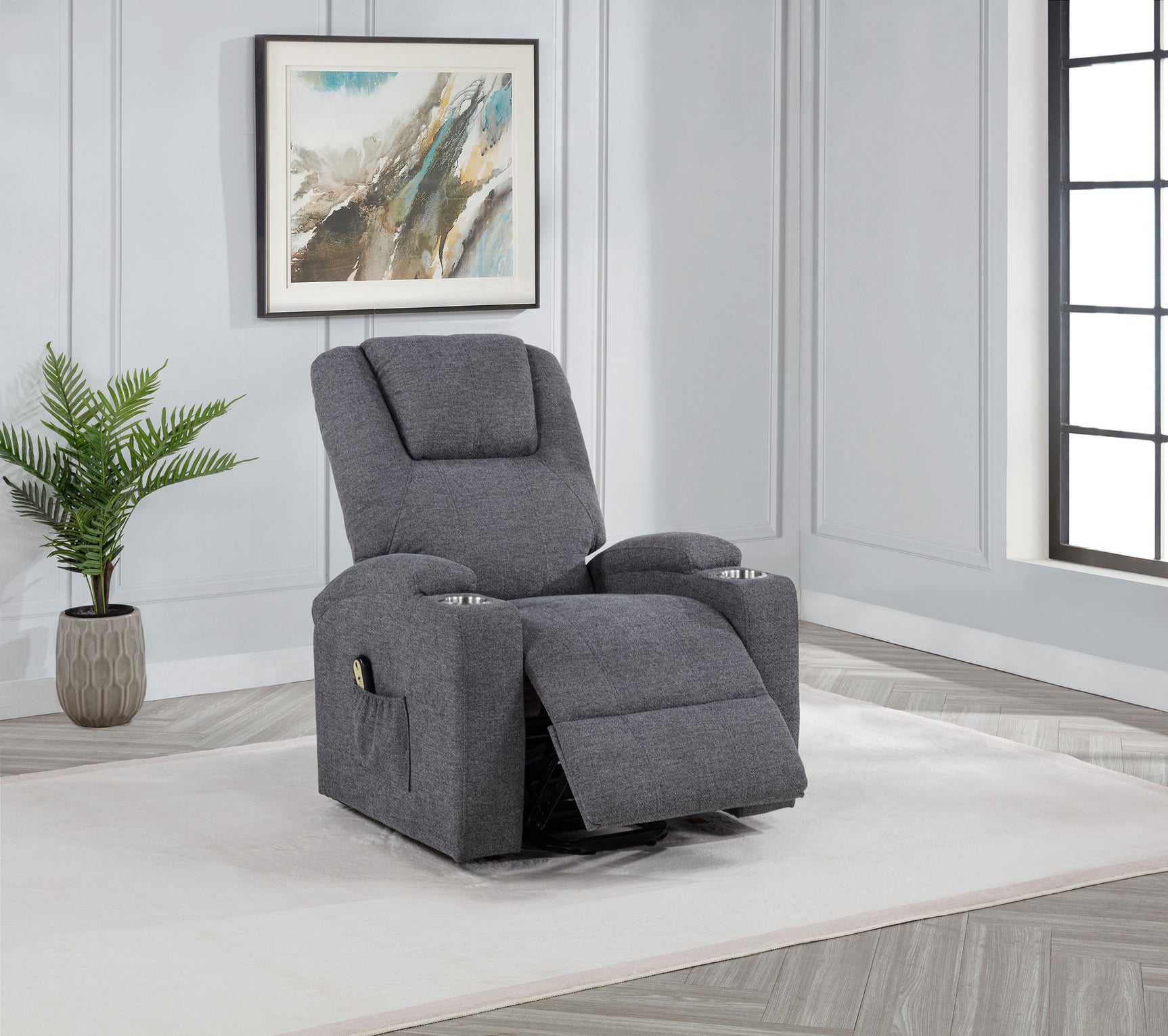 Louie Dark Grey Chenille Upholstered Power Lift Massage Chair - Ornate Home