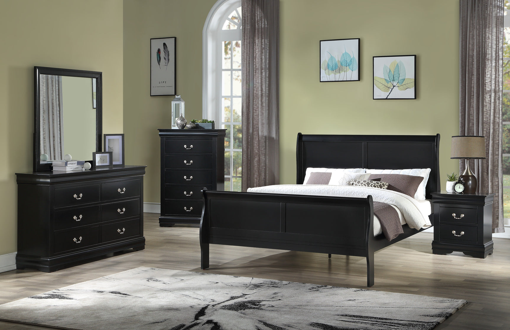 Louis Philip Black Sleigh Bedroom Set - Ornate Home