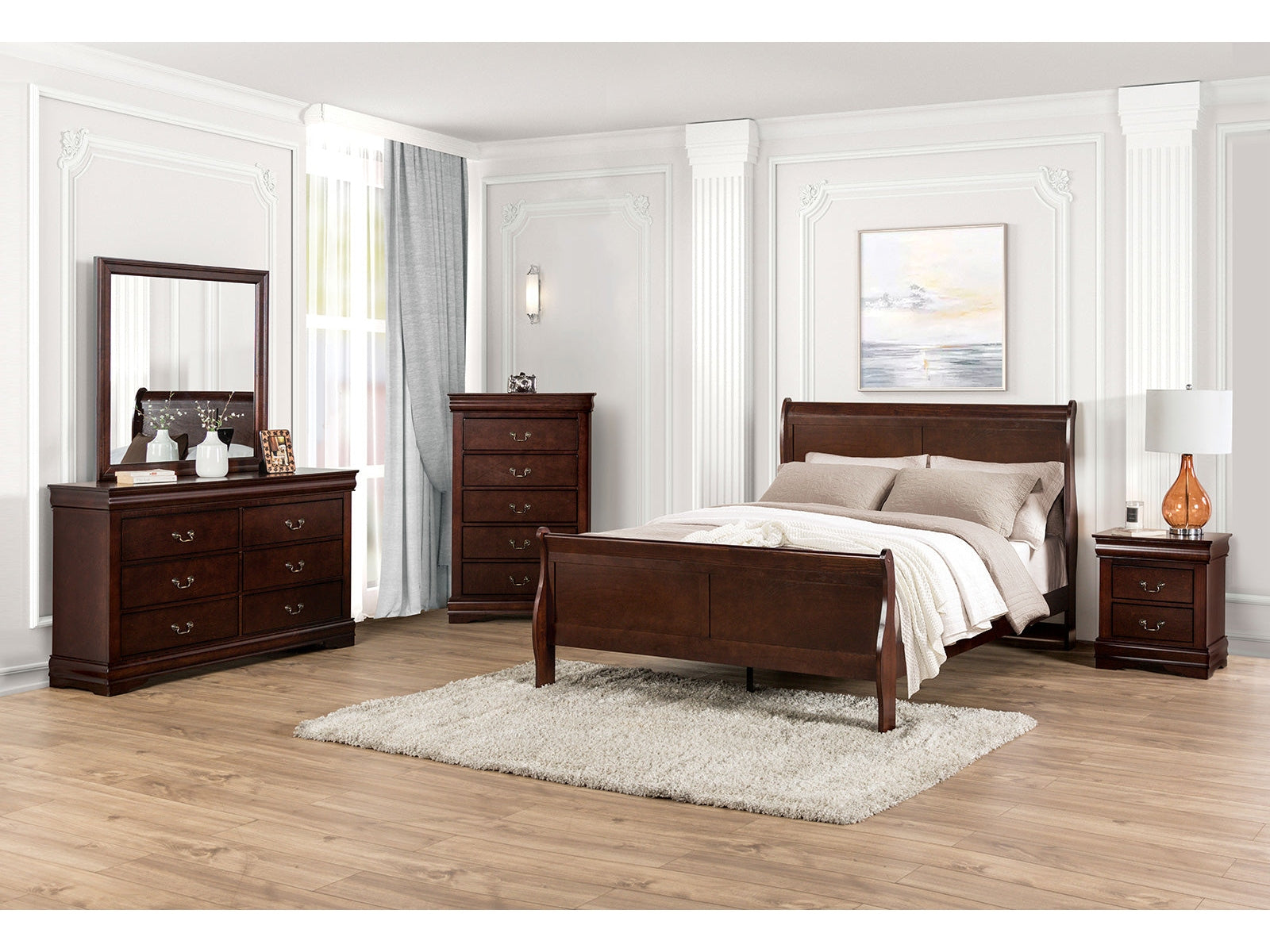 Louis Philippe Dark Cherry 5 Pc. Queen Bedroom Set w/ Chest - Ornate Home