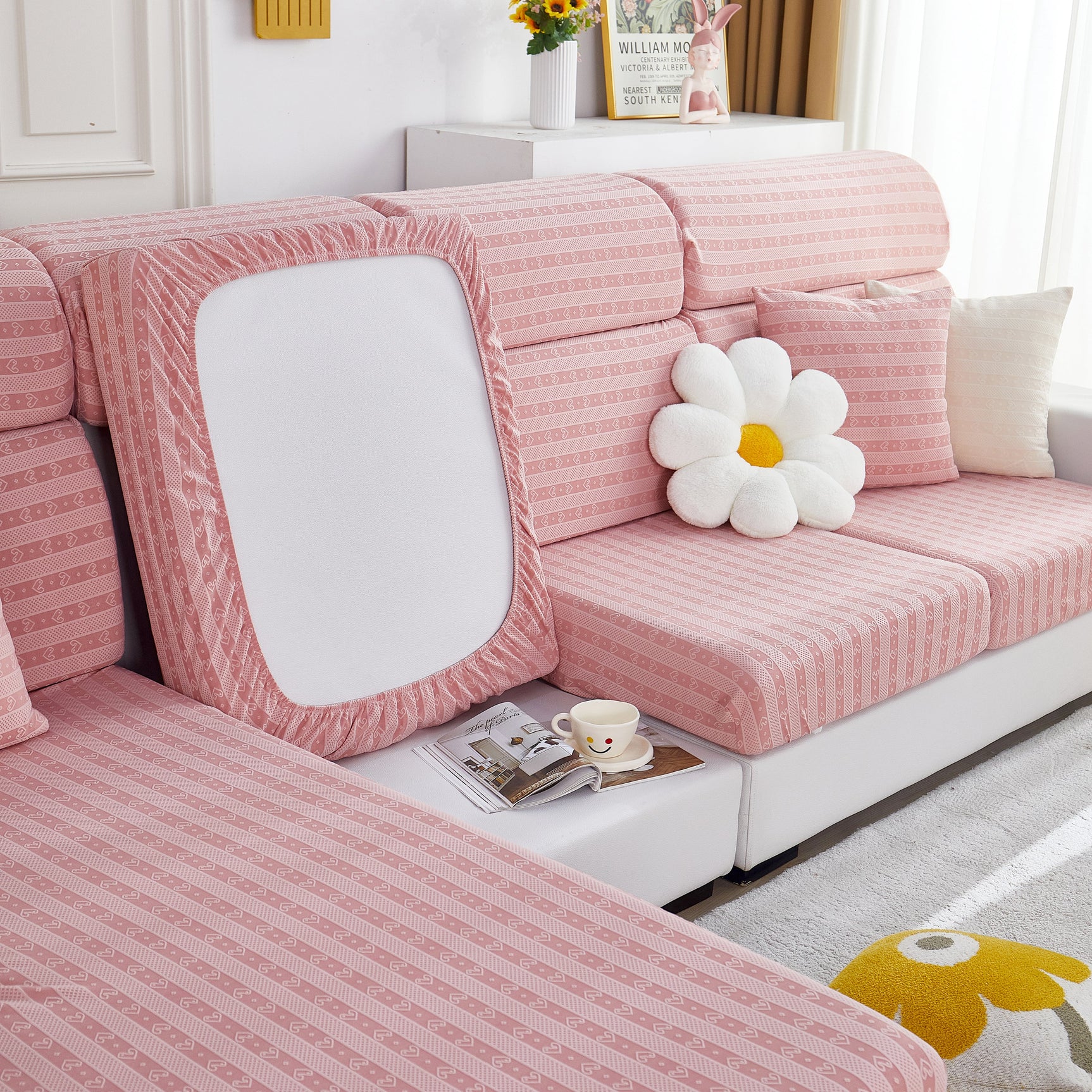 Love Stripe Jacquard Fleece Fabric Stretch Cushion Cover, Non-Slip Furniture Protector for Kids, Couch Cushion Covers - Ornate Home