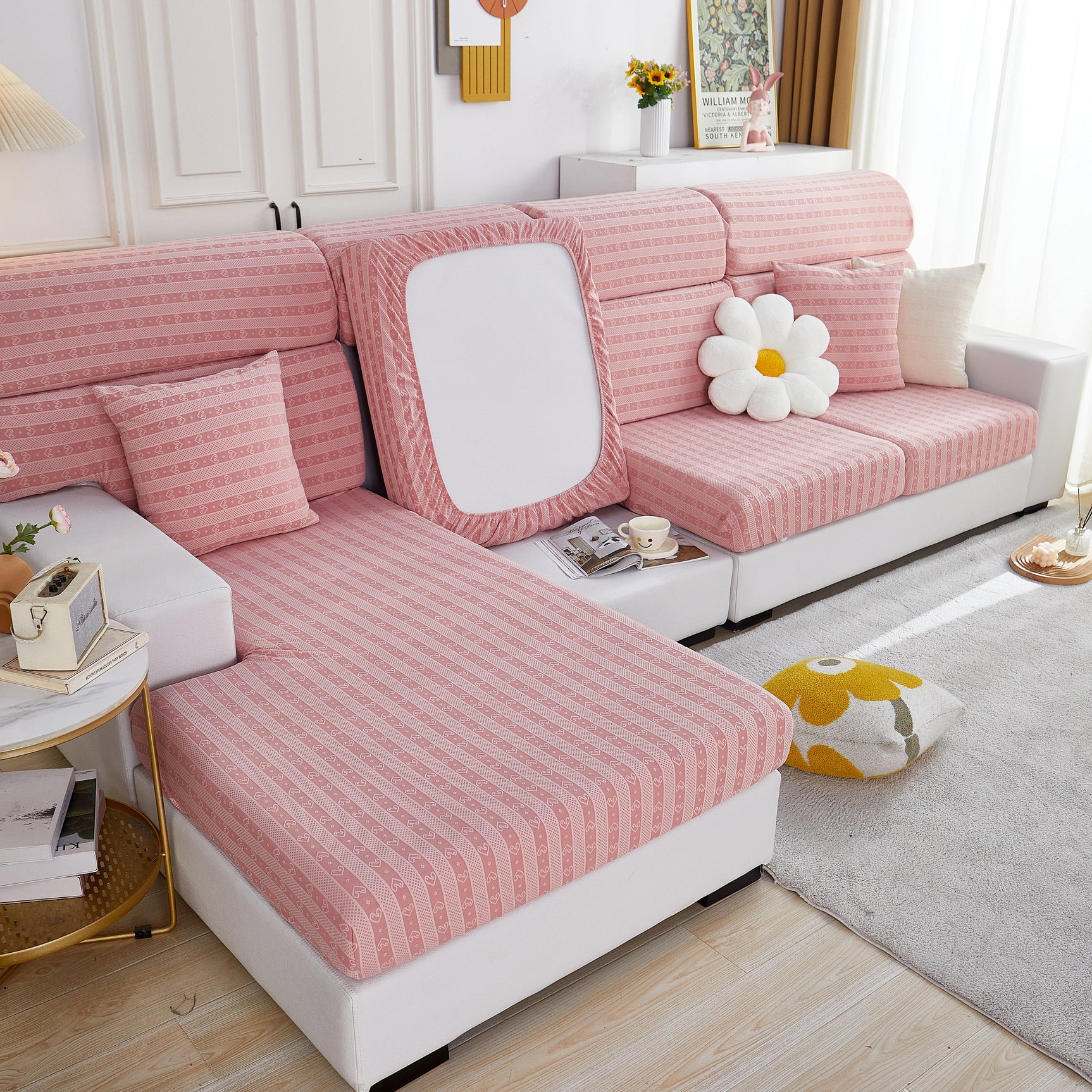 Love Stripe Jacquard Fleece Fabric Stretch Cushion Cover, Non-Slip Furniture Protector for Kids, Couch Cushion Covers - Ornate Home
