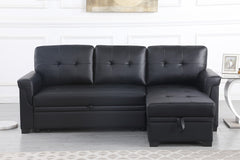 Lucca Black 84"W Vegan Leather Reversible Sleeper Sectional Sofa with Storage Chaise - Ornate Home