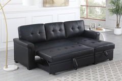 Lucca Black 84"W Vegan Leather Reversible Sleeper Sectional Sofa with Storage Chaise - Ornate Home