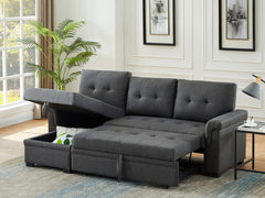 Lucca Dark Gray 84"W Linen Reversible Sleeper Sectional Sofa with Storage Chaise - Ornate Home
