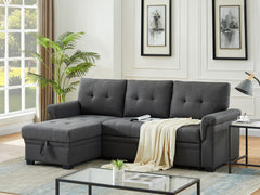 Lucca Dark Gray 84"W Linen Reversible Sleeper Sectional Sofa with Storage Chaise - Ornate Home