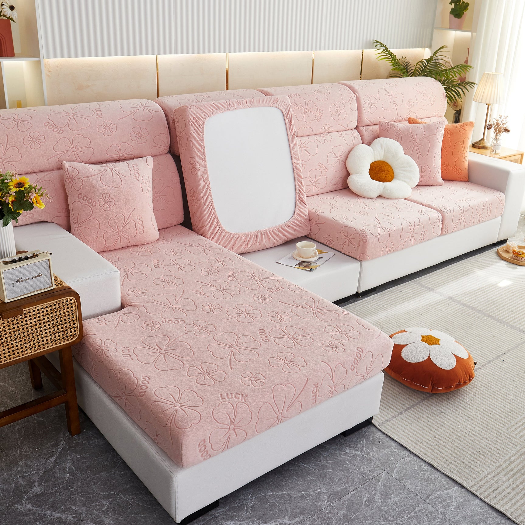 Lucky Clover Slipcover Non-Slip Stretch Jacquard Polar Fleece Sofa Cover for Pets, Cushions, Couches - Ornate Home