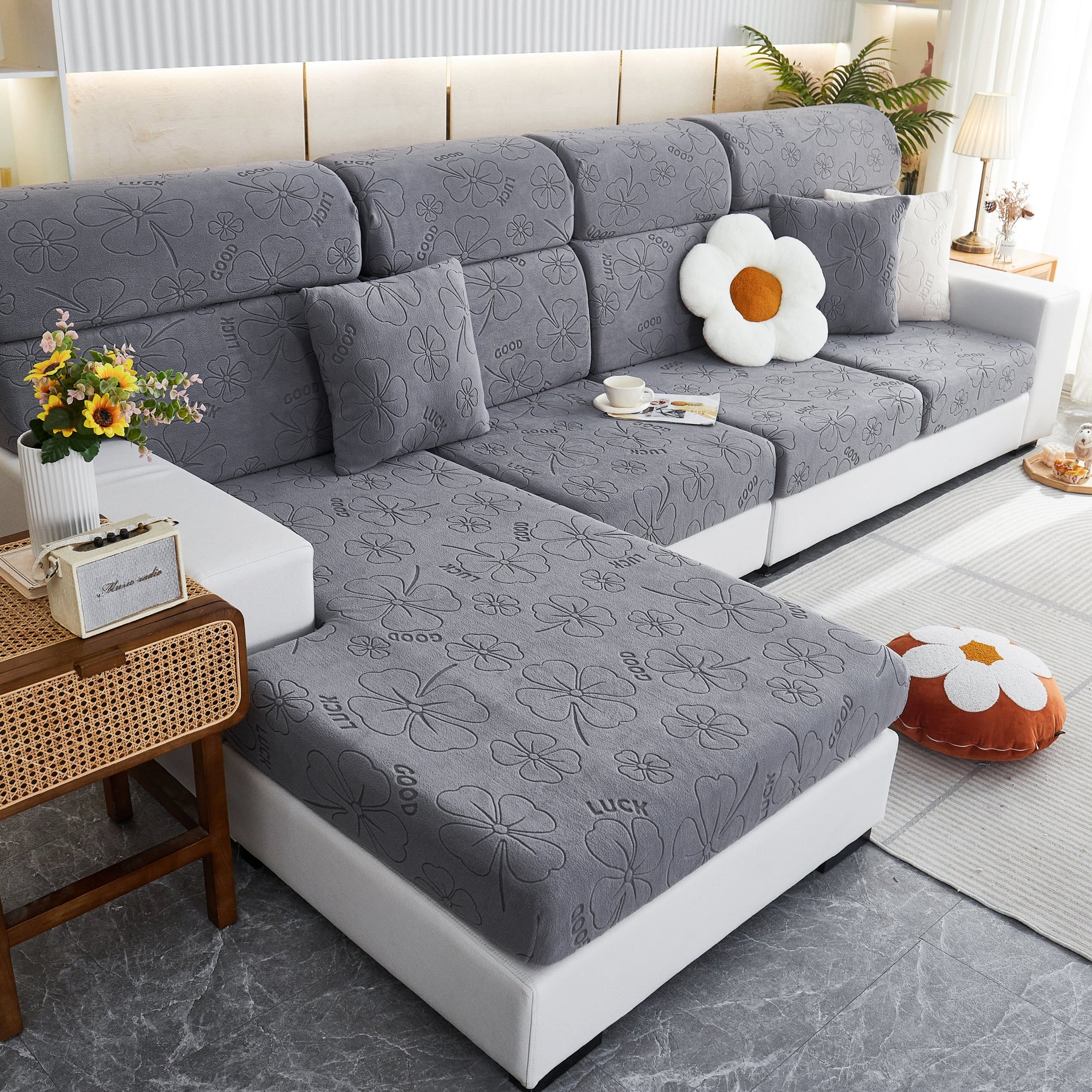Lucky Clover Slipcover Non-Slip Stretch Jacquard Polar Fleece Sofa Cover for Pets, Cushions, Couches - Ornate Home