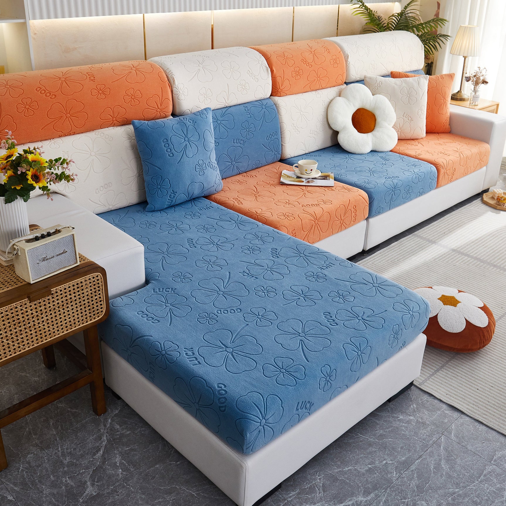 Lucky Clover Slipcover Non-Slip Stretch Jacquard Polar Fleece Sofa Cover for Pets, Cushions, Couches - Ornate Home
