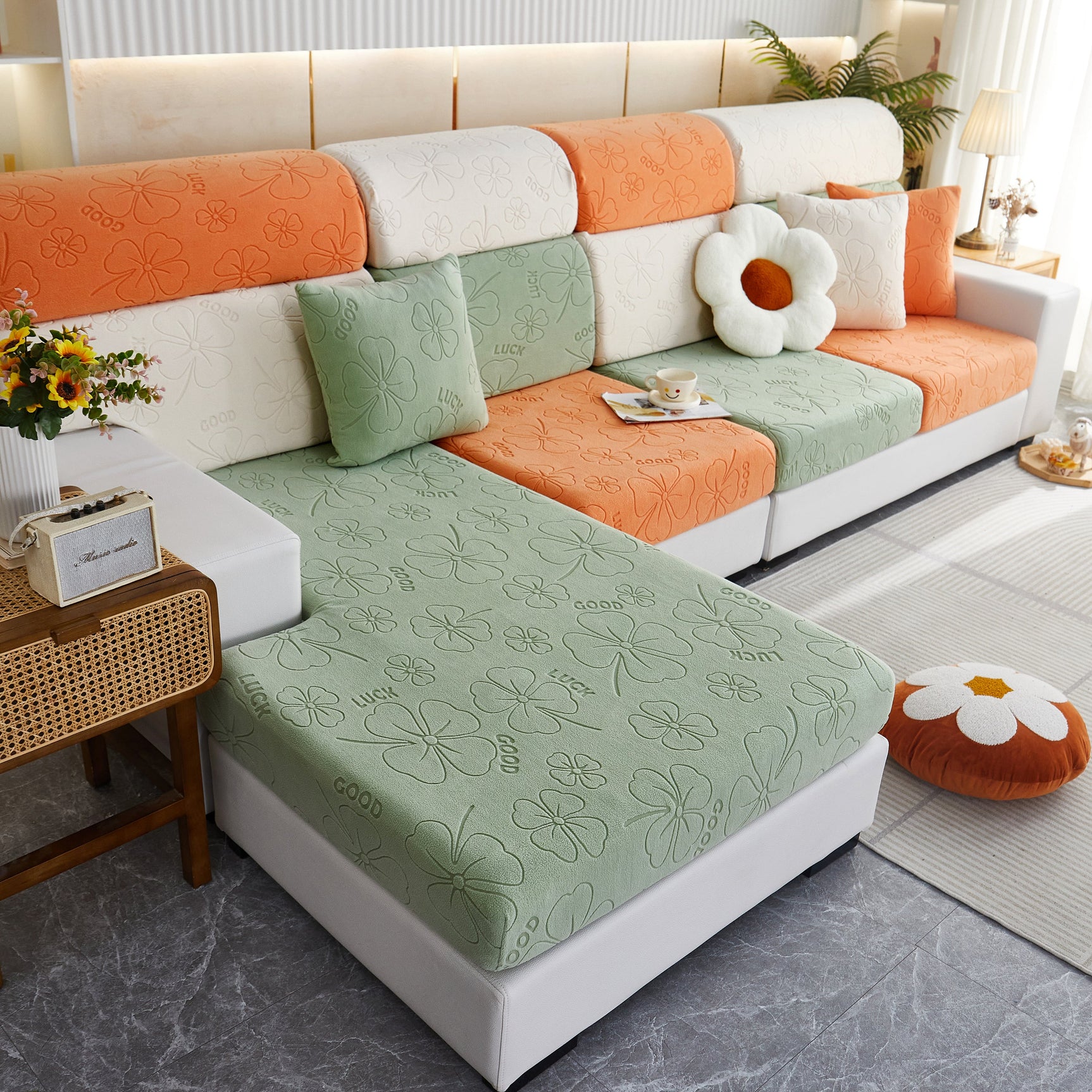 Lucky Clover Slipcover Non-Slip Stretch Jacquard Polar Fleece Sofa Cover for Pets, Cushions, Couches - Ornate Home
