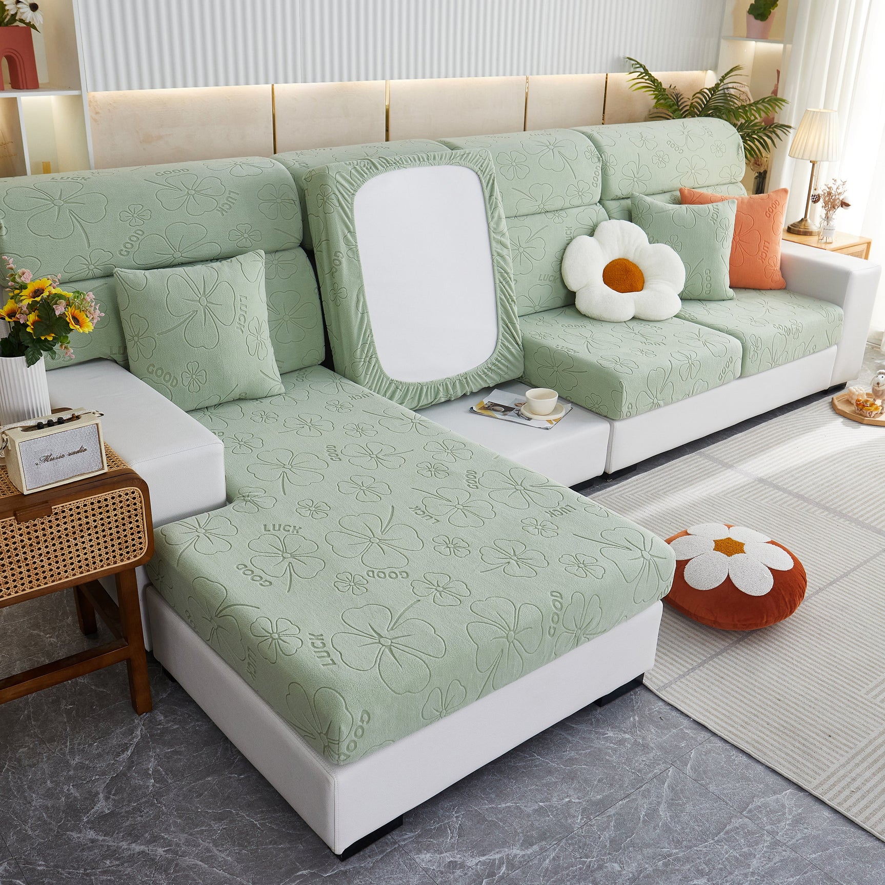 Lucky Clover Slipcover Non-Slip Stretch Jacquard Polar Fleece Sofa Cover for Pets, Cushions, Couches - Ornate Home