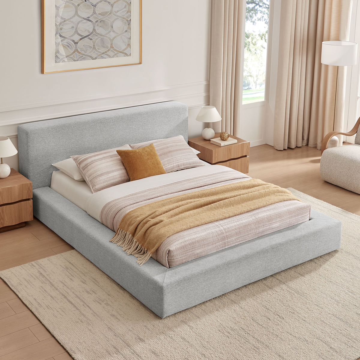 Luma Light Gray Fabric Chenille Upholstered King Platform Bed Frame - Ornate Home