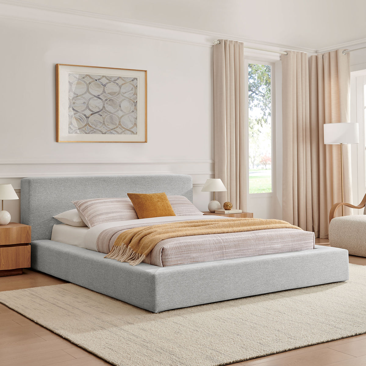 Luma Light Gray Fabric Chenille Upholstered King Platform Bed Frame - Ornate Home