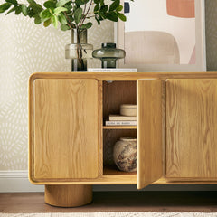 Lumo Oak 4-Door Curved Wood Accent Cabinet - Ornate Home