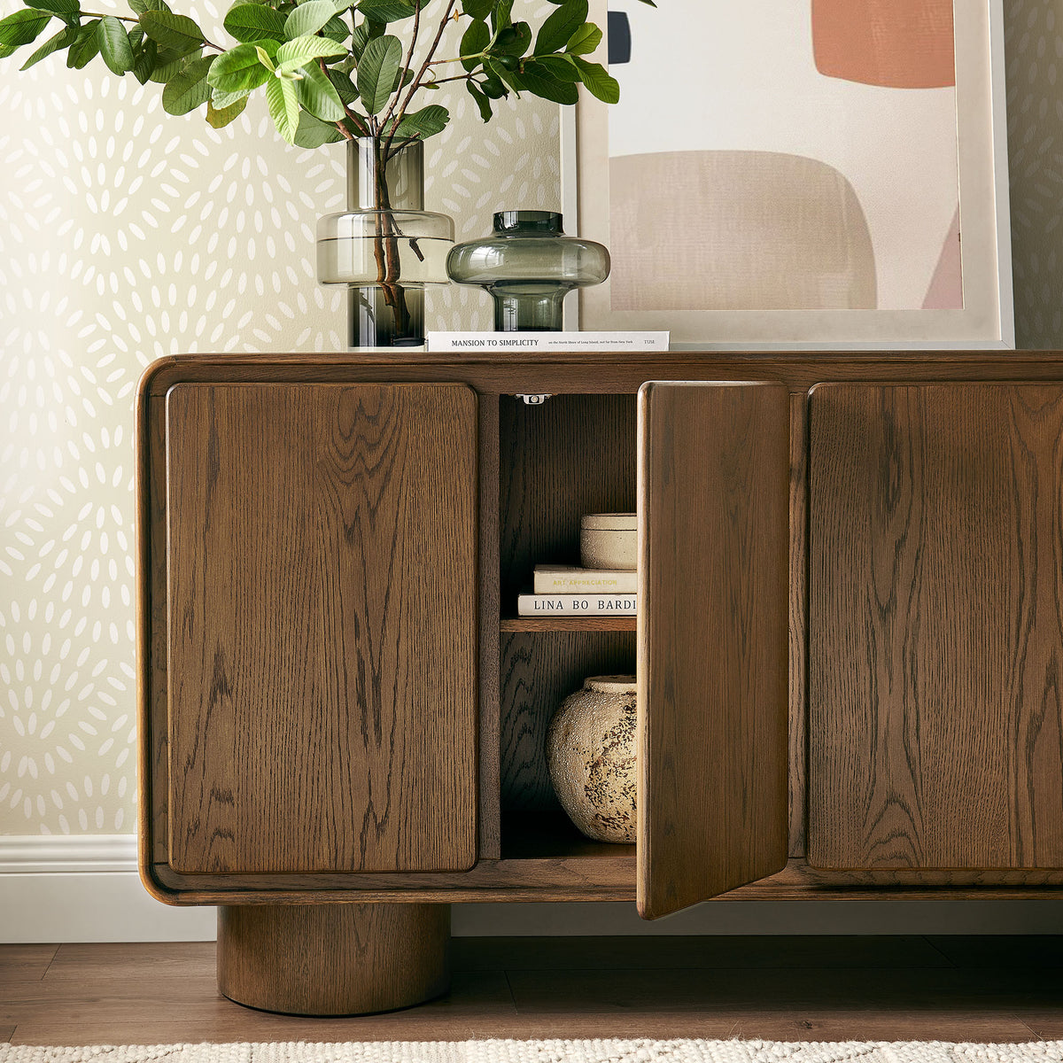 Lumo Walnut 4-Door Curved Wood Accent Cabinet - Ornate Home