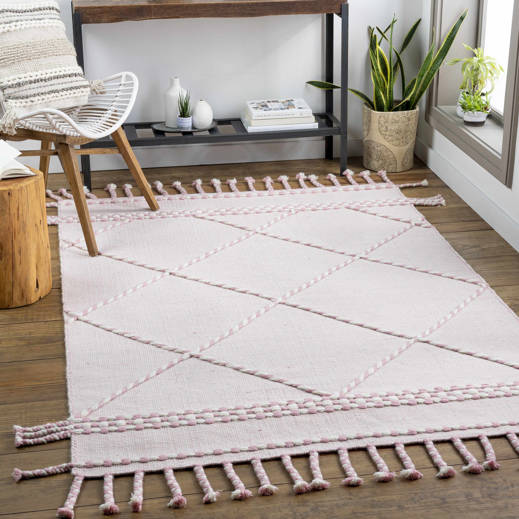 Lupton Pink Trellis Wool Rug with tassels - Clearance - Ornate Home