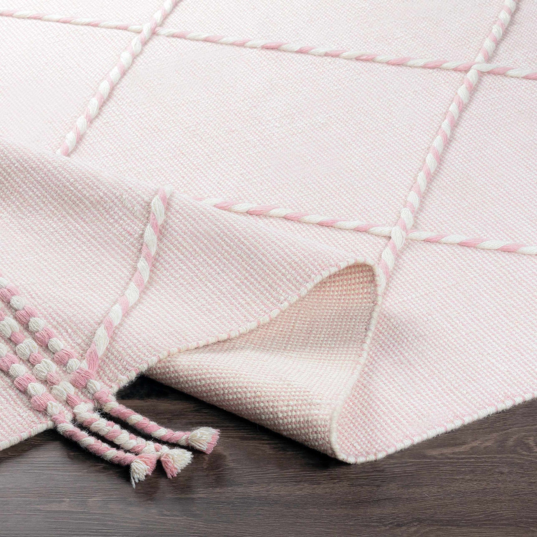 Lupton Pink Trellis Wool Rug with tassels - Clearance - Ornate Home