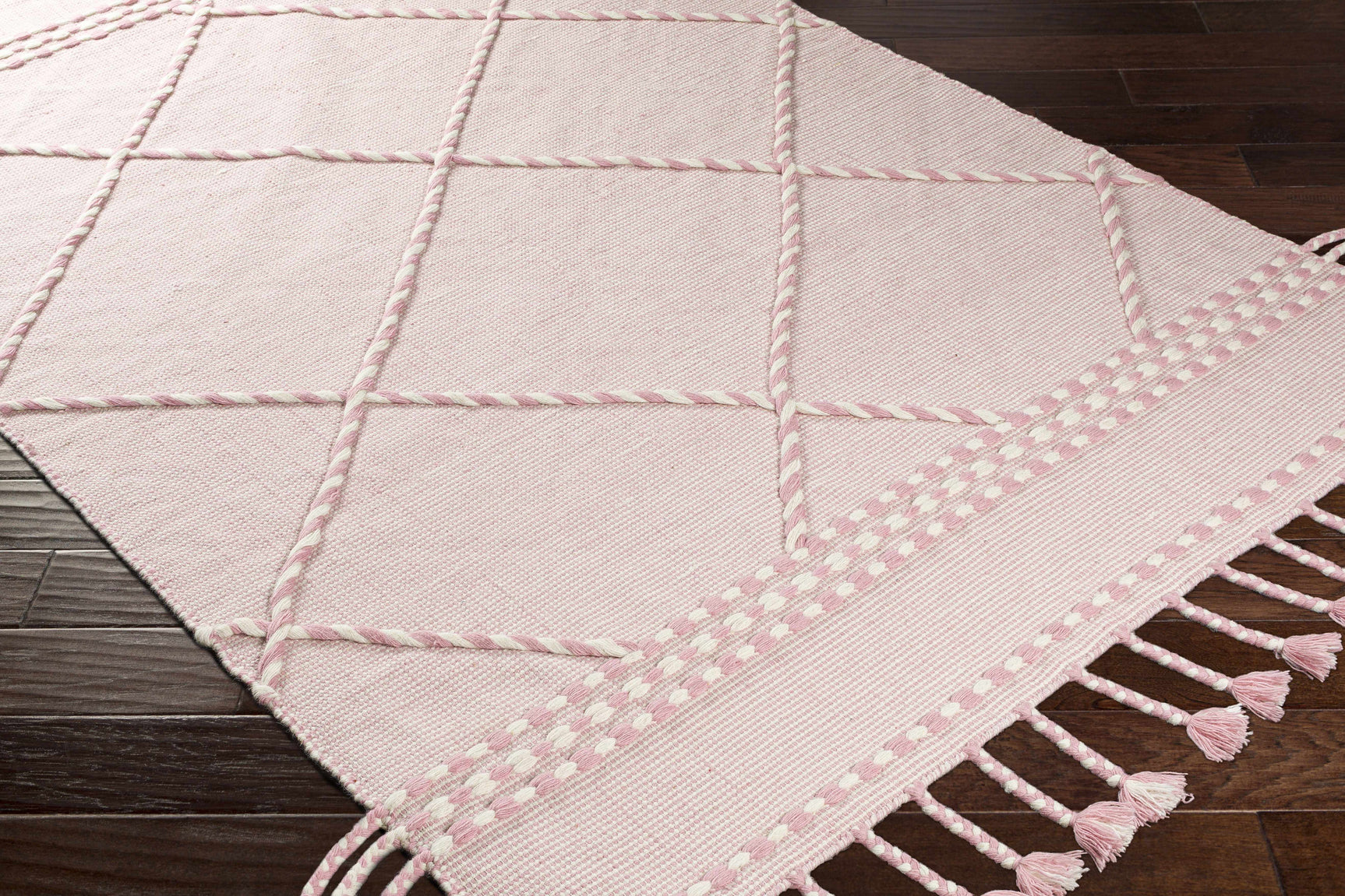 Lupton Pink Trellis Wool Rug with tassels - Clearance - Ornate Home