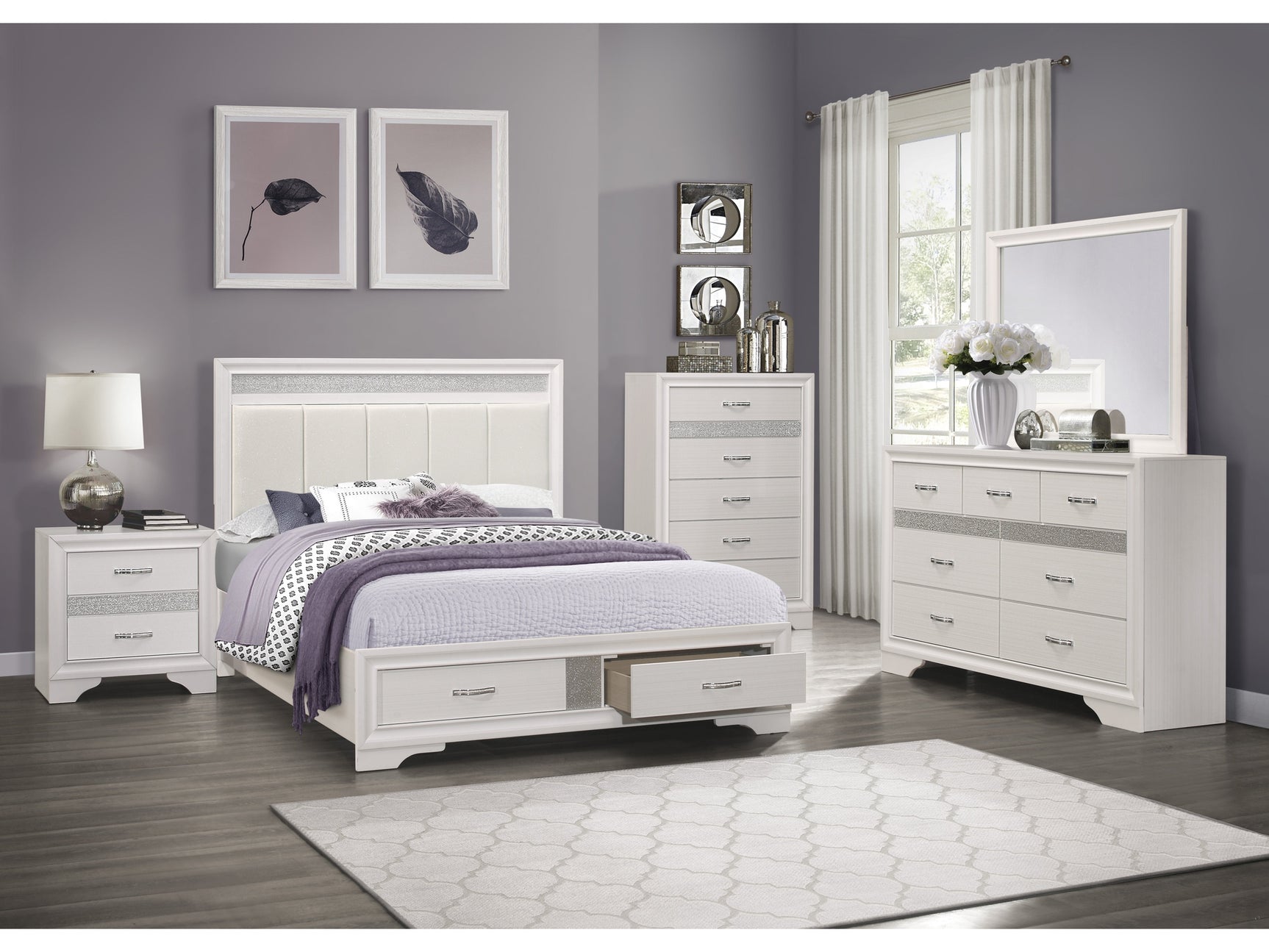 Luster White/Silver Glitter Eastern King Platform Bed - Ornate Home