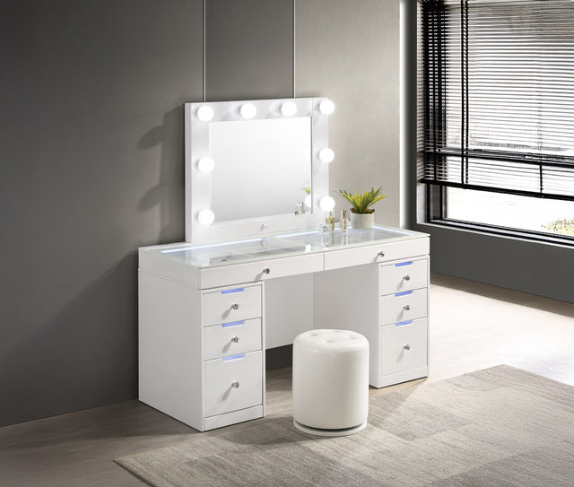 Luxo White Vanity Set w/LED Mirror & Stool - Ornate Home
