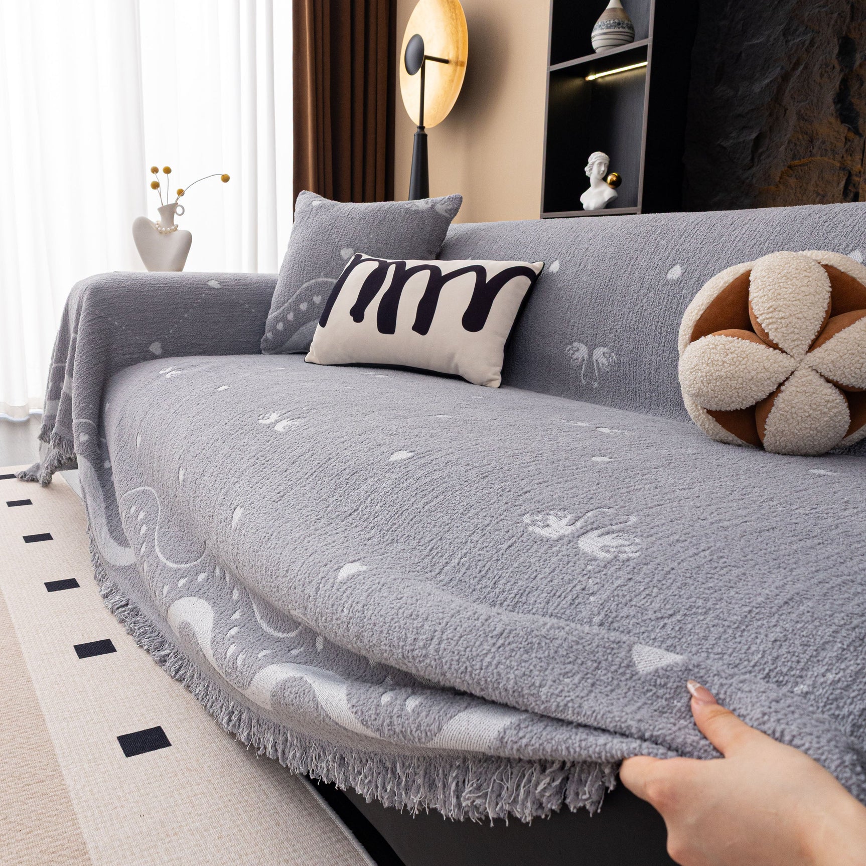Luxurious Jacquard Couch Cover, Snag-Resistant Pet Friendly Couch Throw with Fringe - Ornate Home