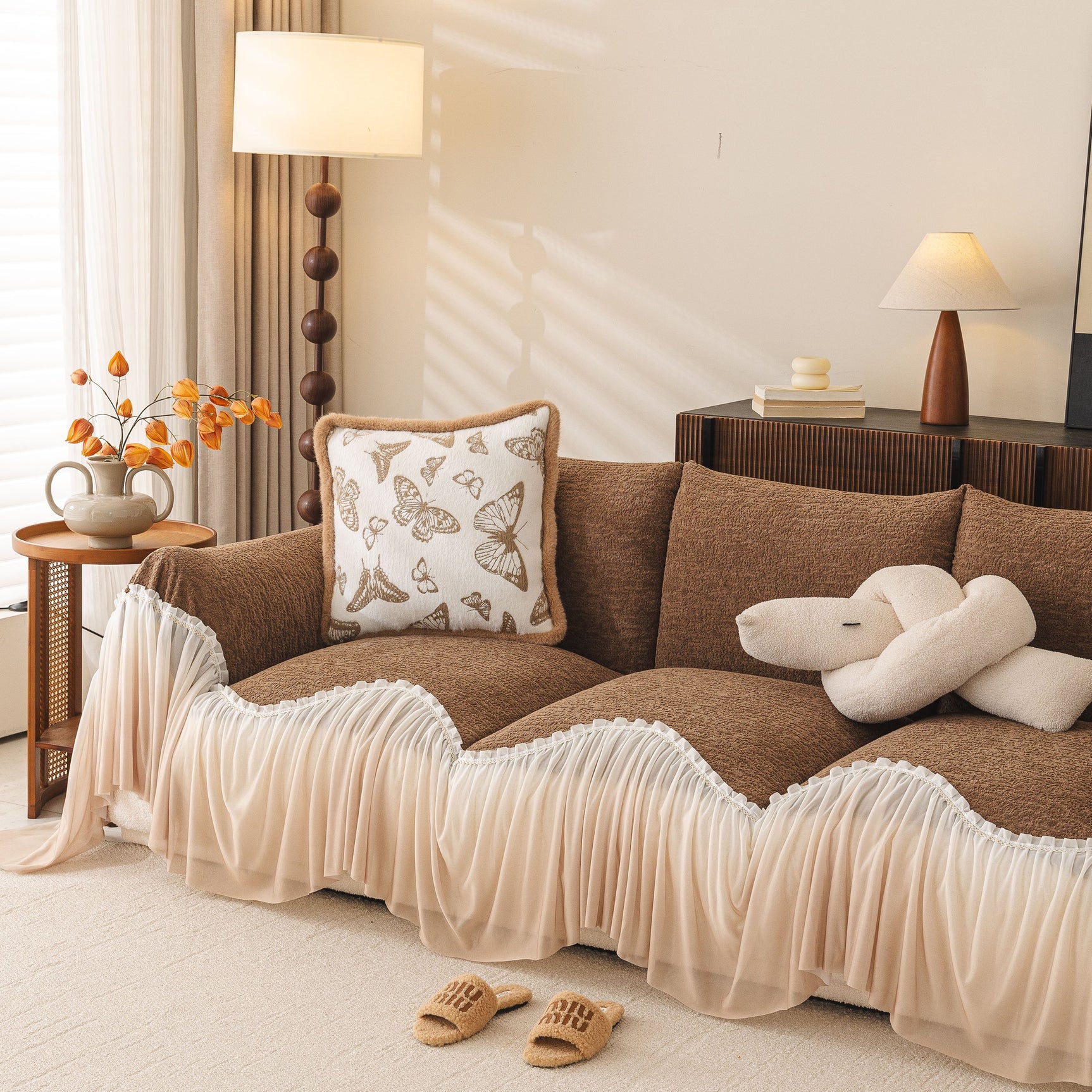 Luxury Sofa Throw Cover with Elegant Ruffled Skirt, Soft Decorative Couch Protector - Ornate Home
