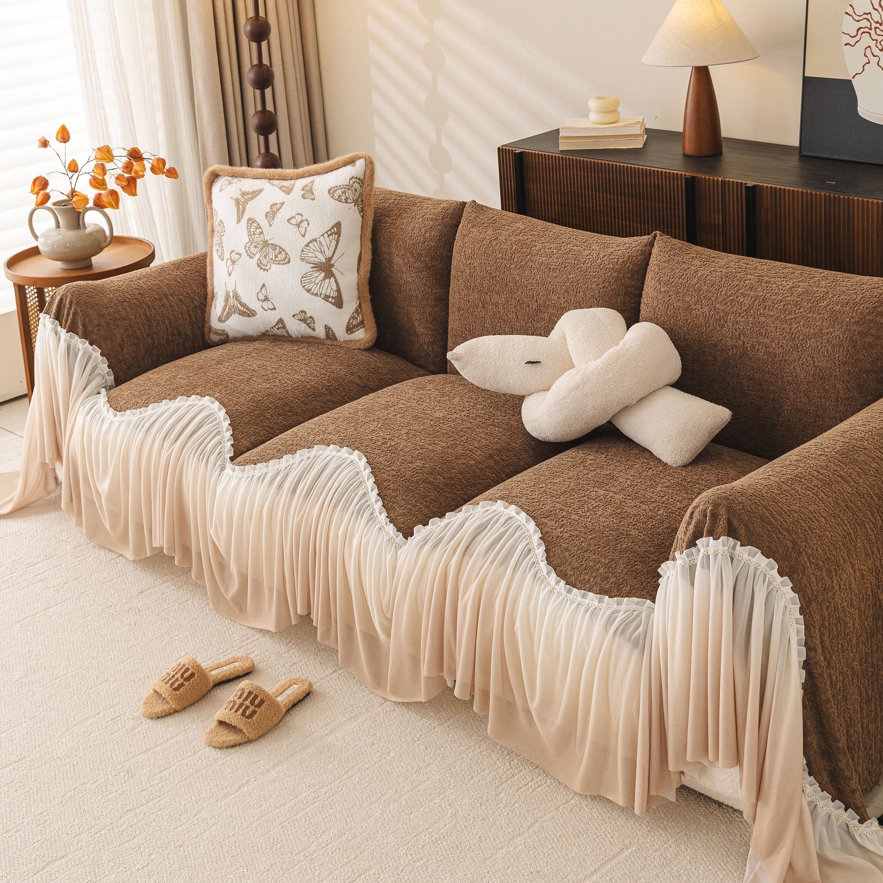 Luxury Sofa Throw Cover with Elegant Ruffled Skirt, Soft Decorative Couch Protector - Ornate Home