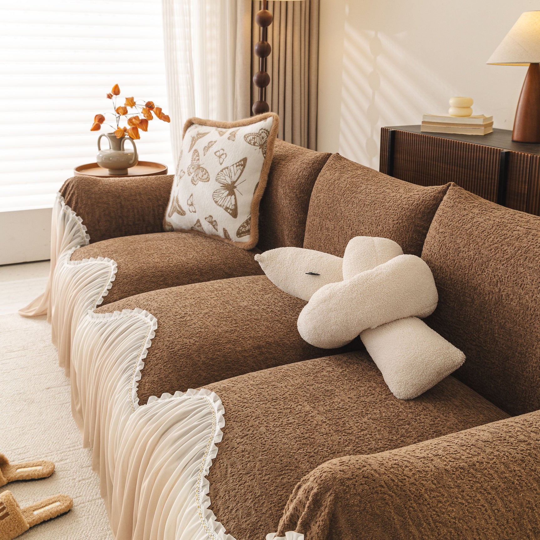 Luxury Sofa Throw Cover with Elegant Ruffled Skirt, Soft Decorative Couch Protector - Ornate Home