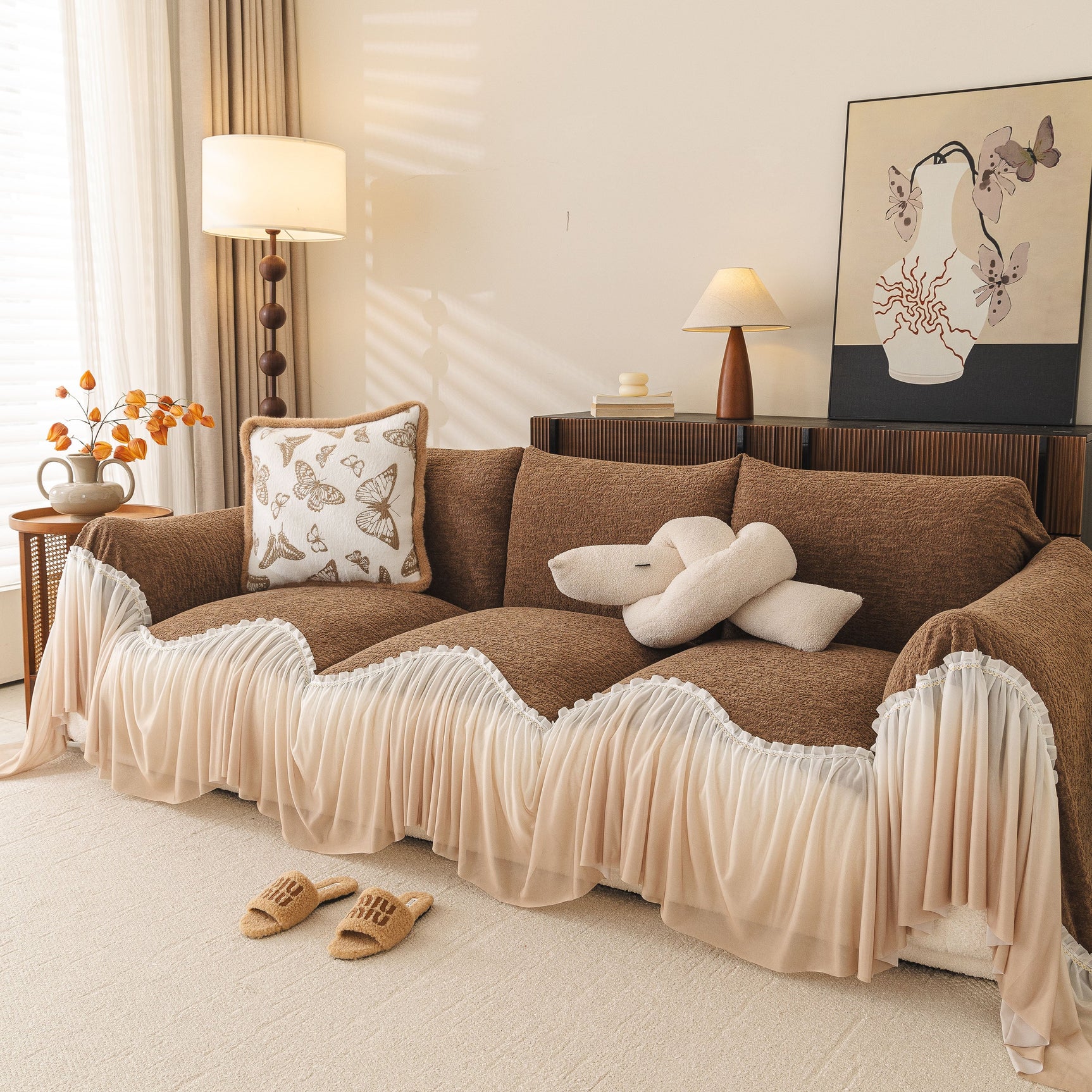 Luxury Sofa Throw Cover with Elegant Ruffled Skirt, Soft Decorative Couch Protector - Ornate Home