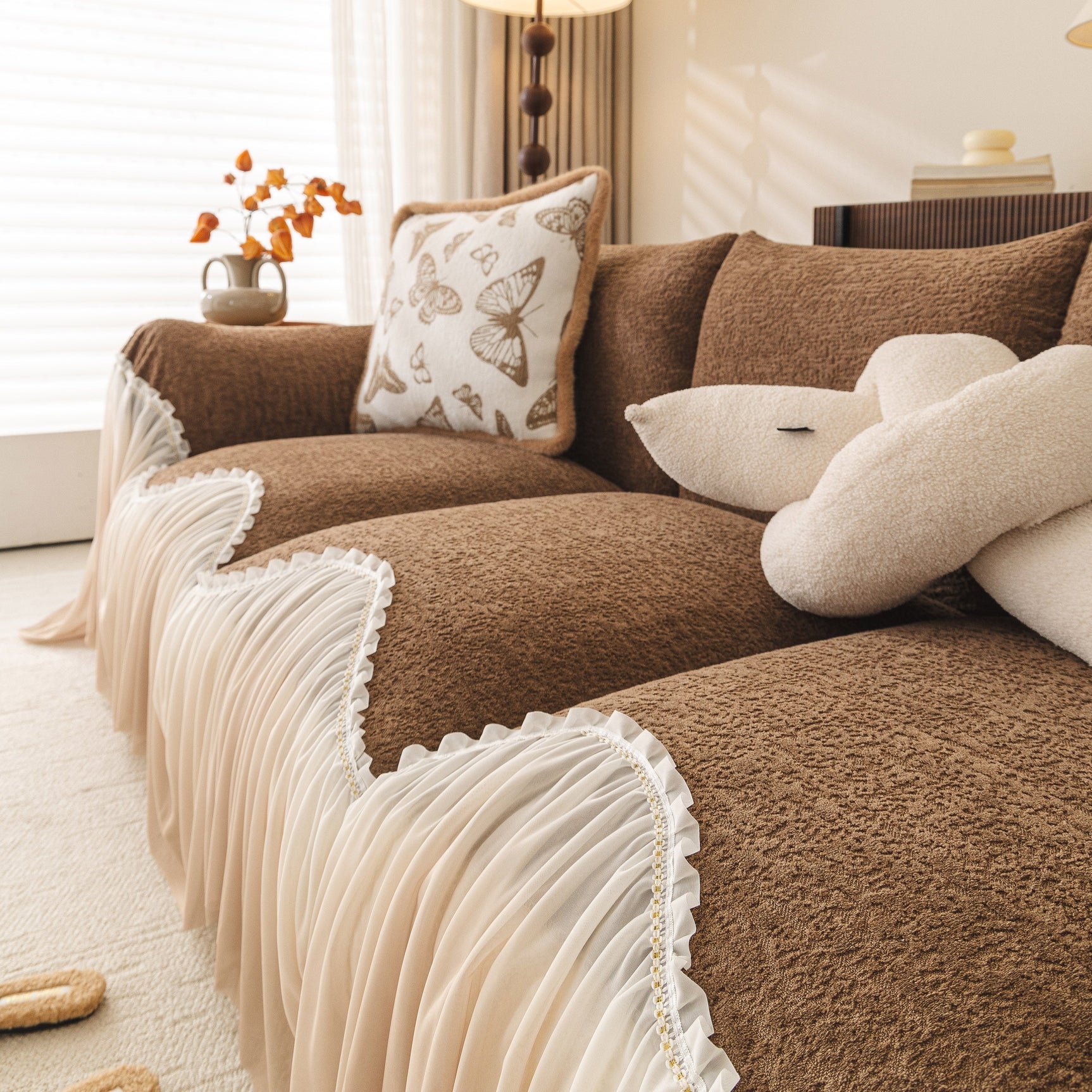 Luxury Sofa Throw Cover with Elegant Ruffled Skirt, Soft Decorative Couch Protector - Ornate Home