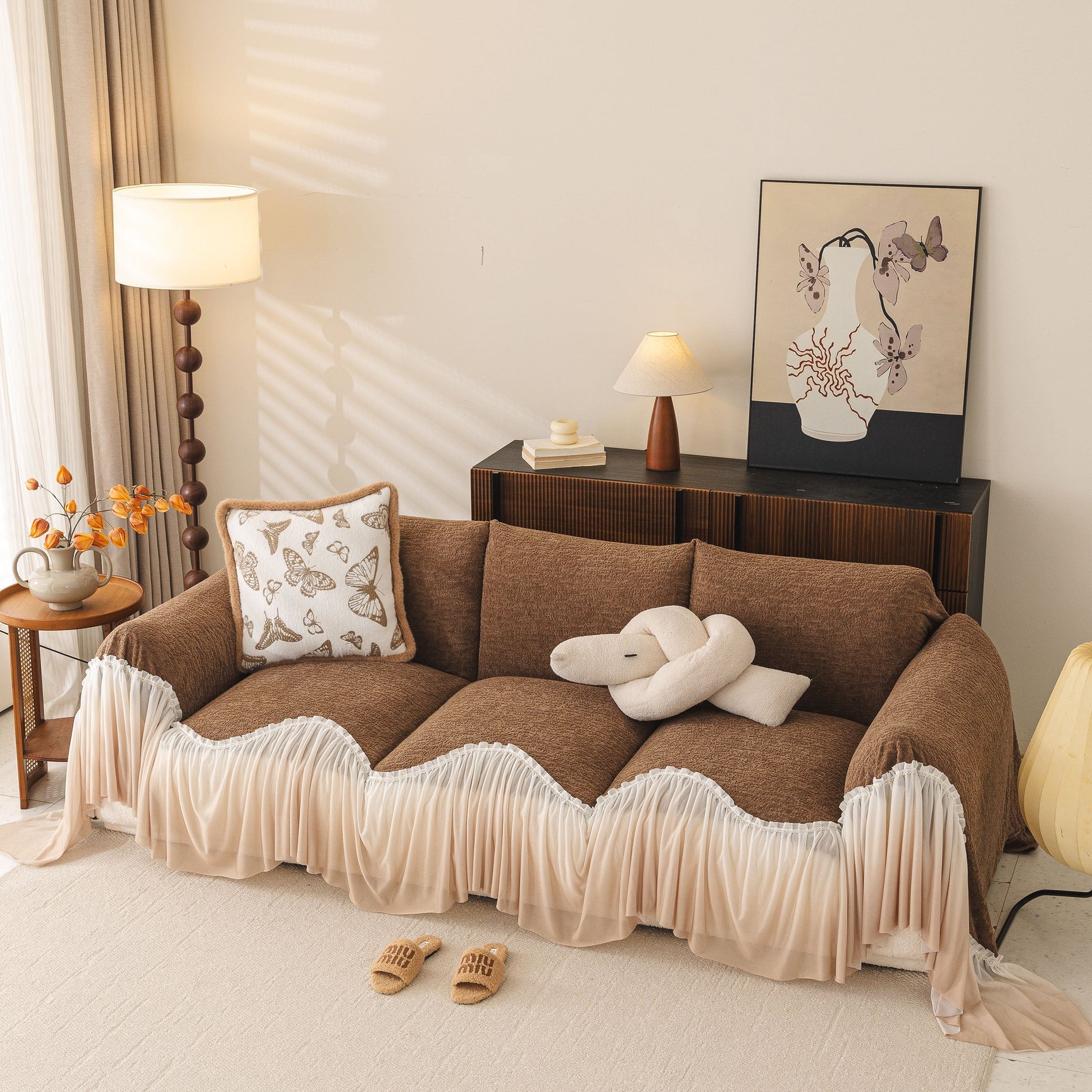 Luxury Sofa Throw Cover with Elegant Ruffled Skirt, Soft Decorative Couch Protector - Ornate Home