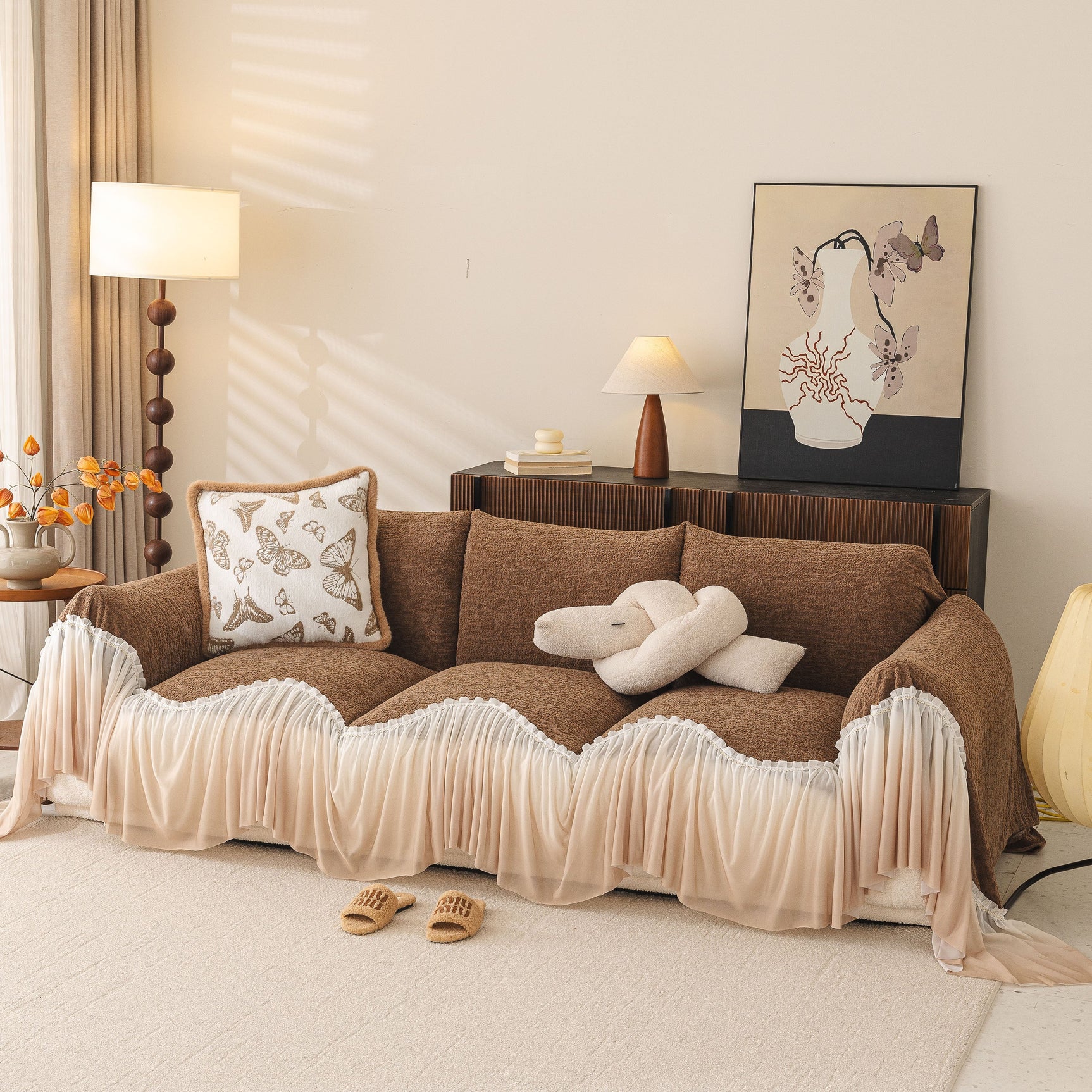 Luxury Sofa Throw Cover with Elegant Ruffled Skirt, Soft Decorative Couch Protector - Ornate Home
