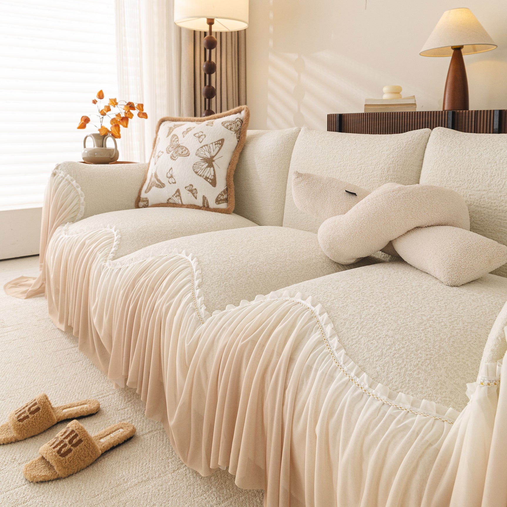 Luxury Sofa Throw Cover with Elegant Ruffled Skirt, Soft Decorative Couch Protector - Ornate Home