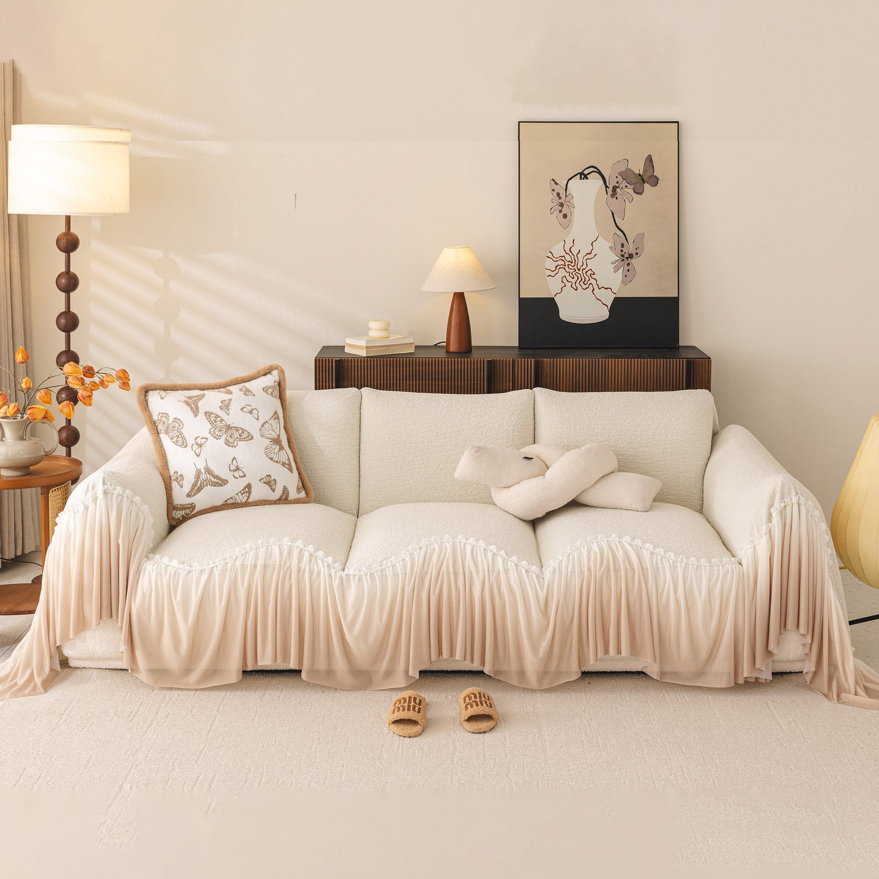 Luxury Sofa Throw Cover with Elegant Ruffled Skirt, Soft Decorative Couch Protector - Ornate Home