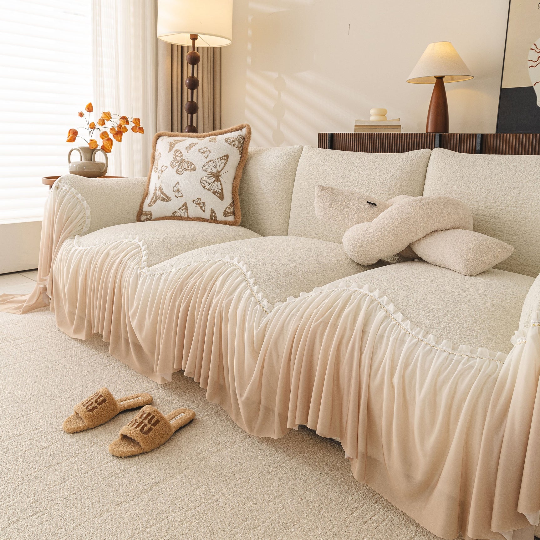 Luxury Sofa Throw Cover with Elegant Ruffled Skirt, Soft Decorative Couch Protector - Ornate Home