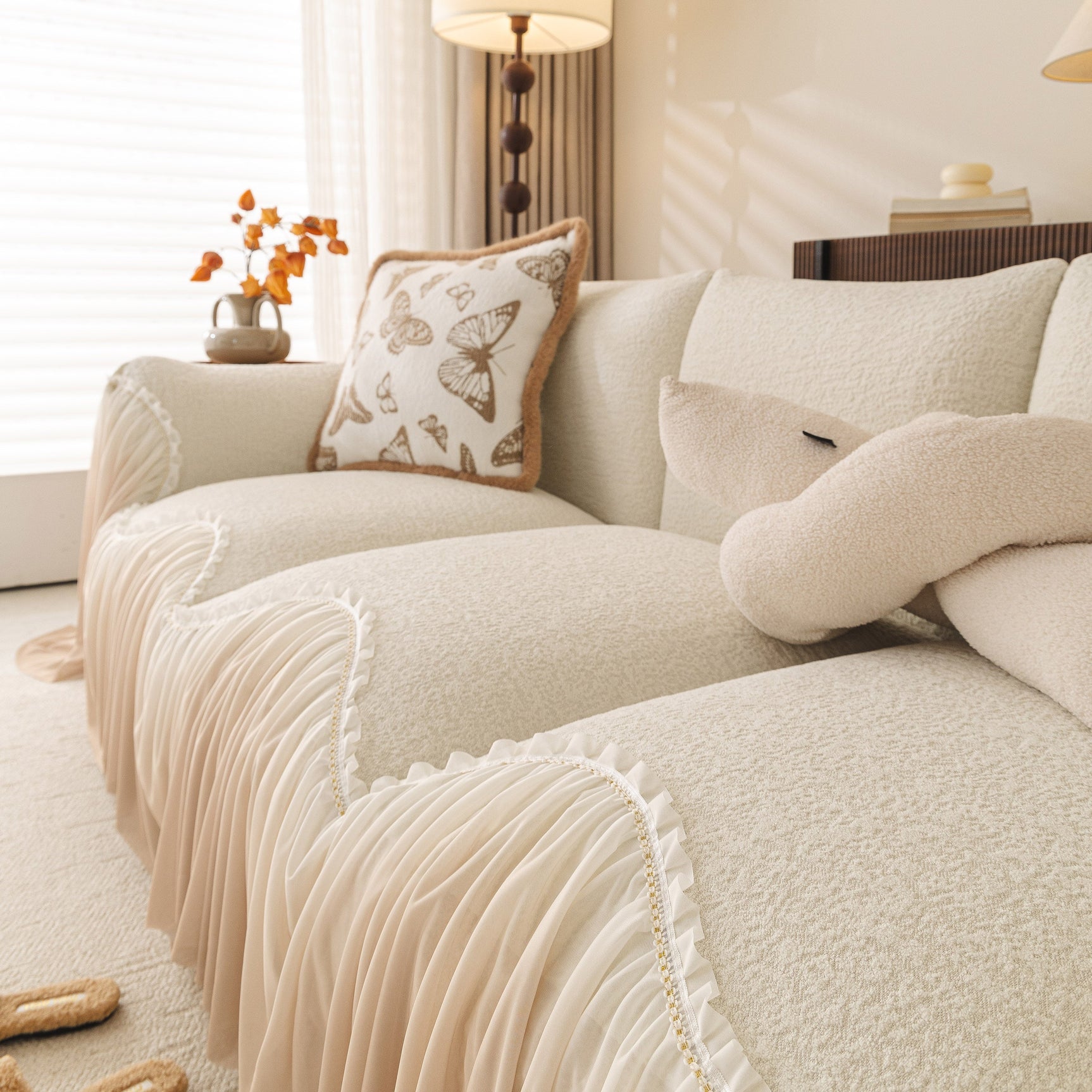 Luxury Sofa Throw Cover with Elegant Ruffled Skirt, Soft Decorative Couch Protector - Ornate Home