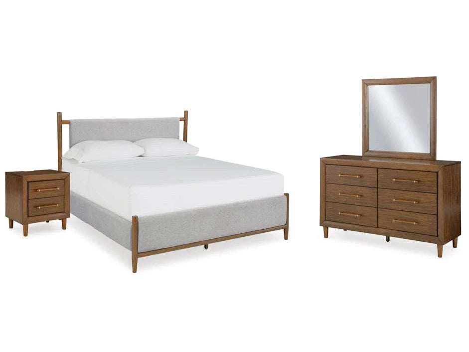 Lyncott Brown King Upholstered Bed with Mirrored Dresser and Chest (Online Special Price) - Ornate Home