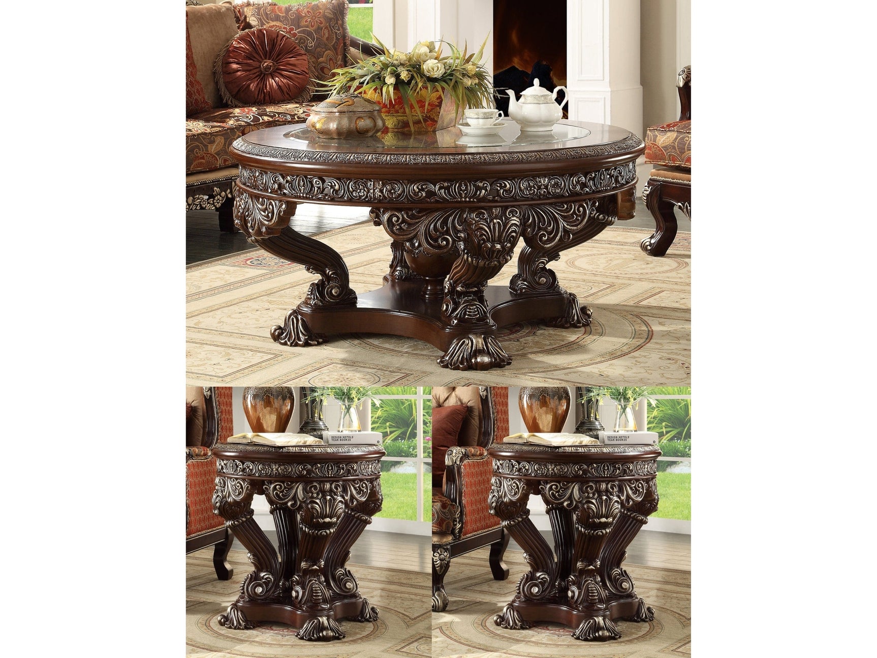 Lysandra Brown Cherry 3pc Coffee Table Set  / HD-8017 - Ornate Home