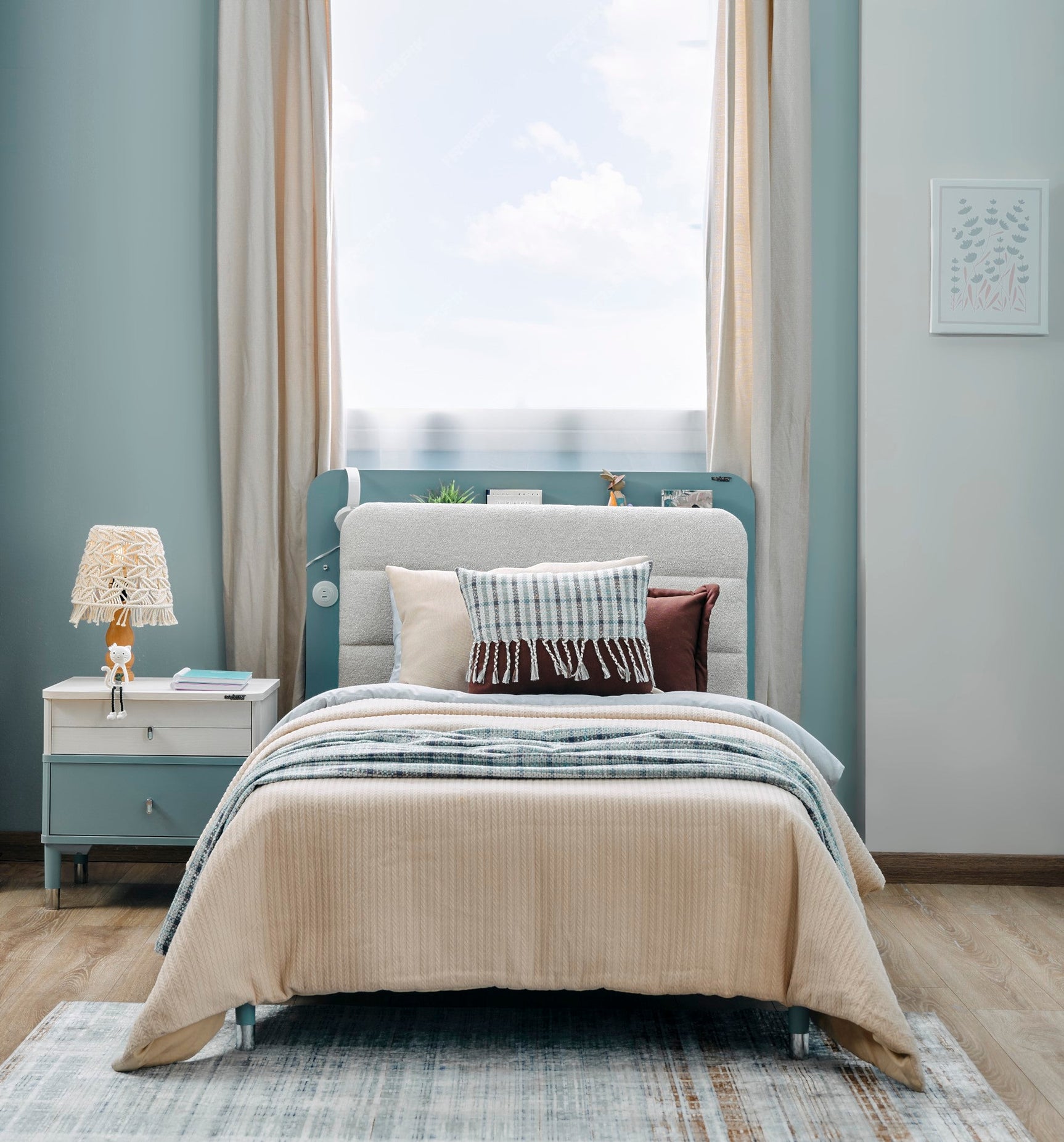 Marin Light Blue Twin Bed With Headboard