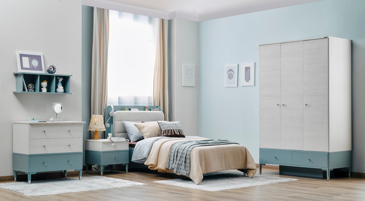 Marin Light Blue/White Kids Room Set (Twin Bed & Study Desk & Nightstand)