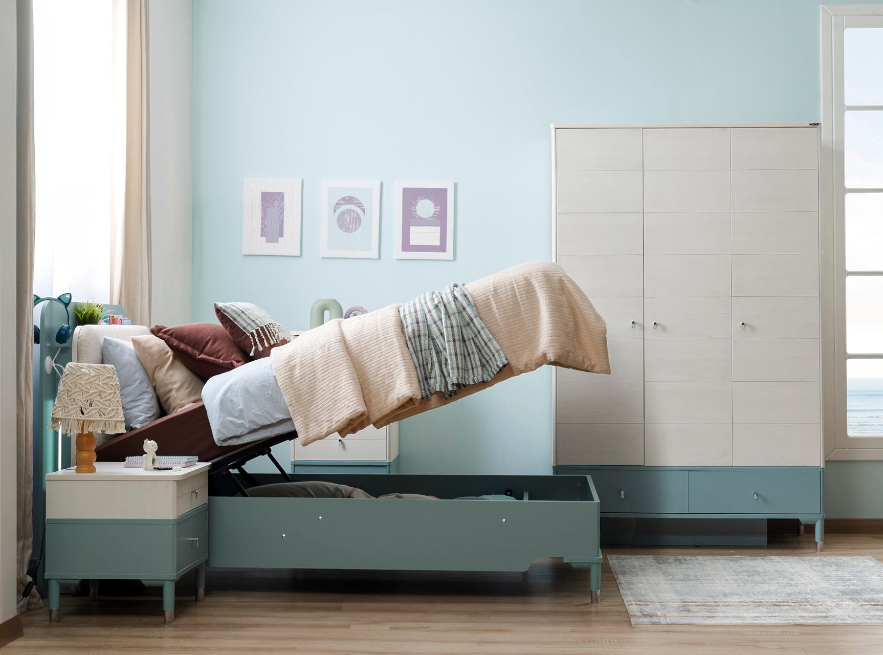 Marin Light Blue Twin Bed With Headboard