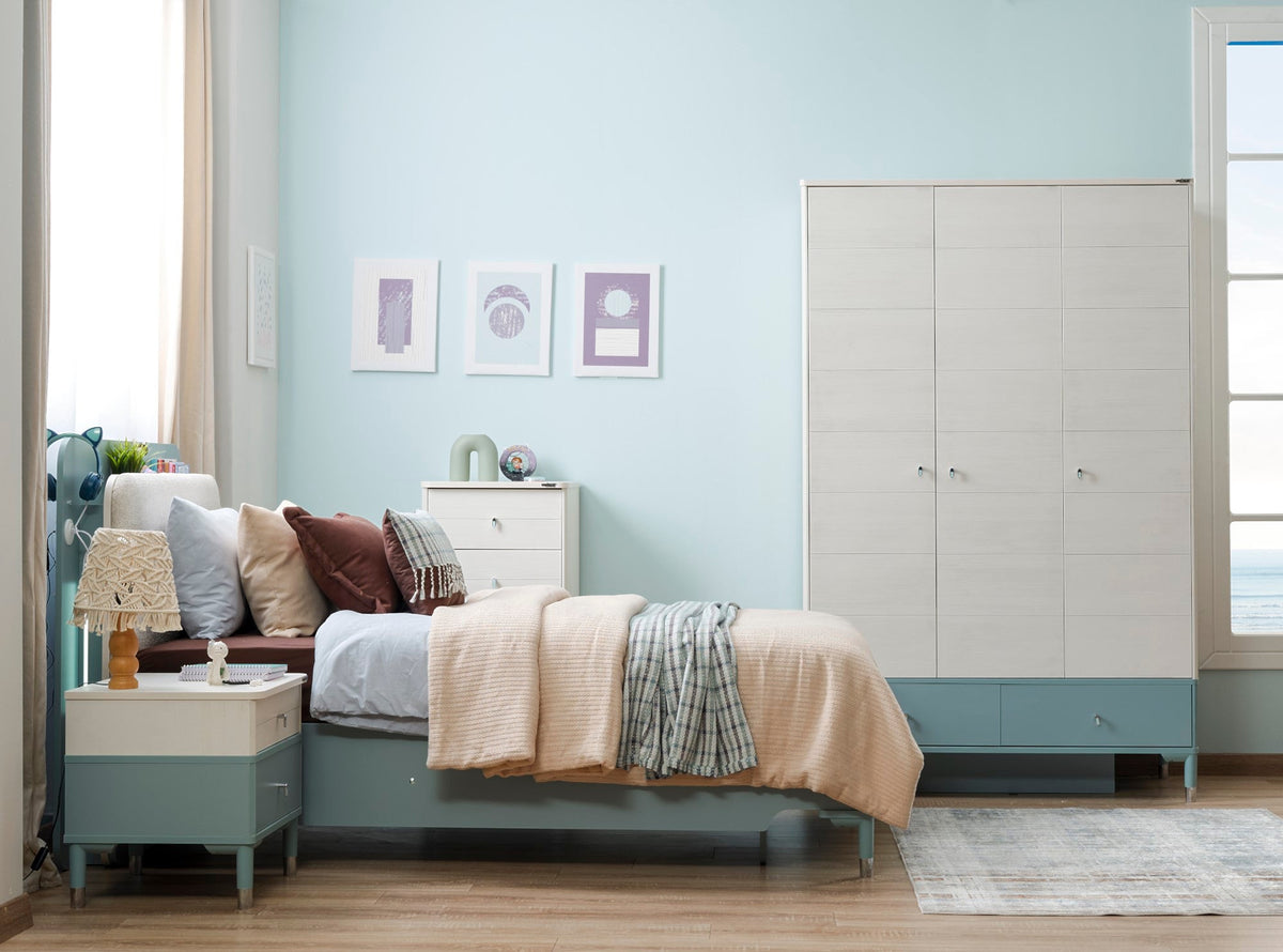 Marin Light Blue/White Kids Room Set (Twin Bed & Study Desk & Nightstand)