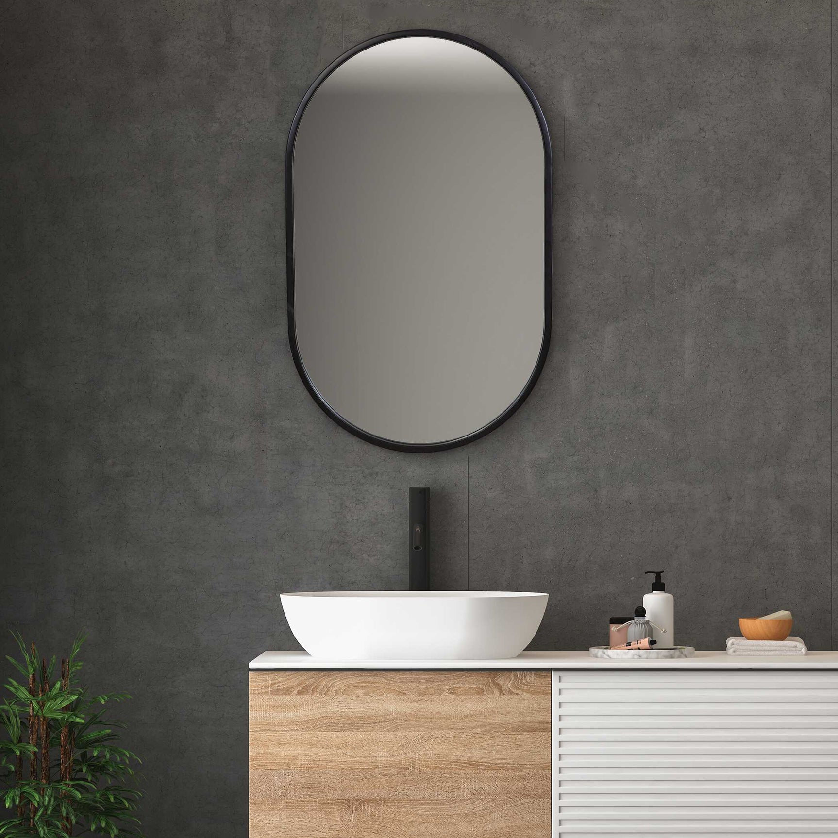 Varina Black Minimalist Oval Mirror