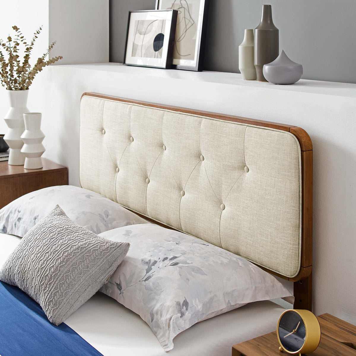 Bridgette Walnut/Beige Wood Full Platform Bed With Angular Frame