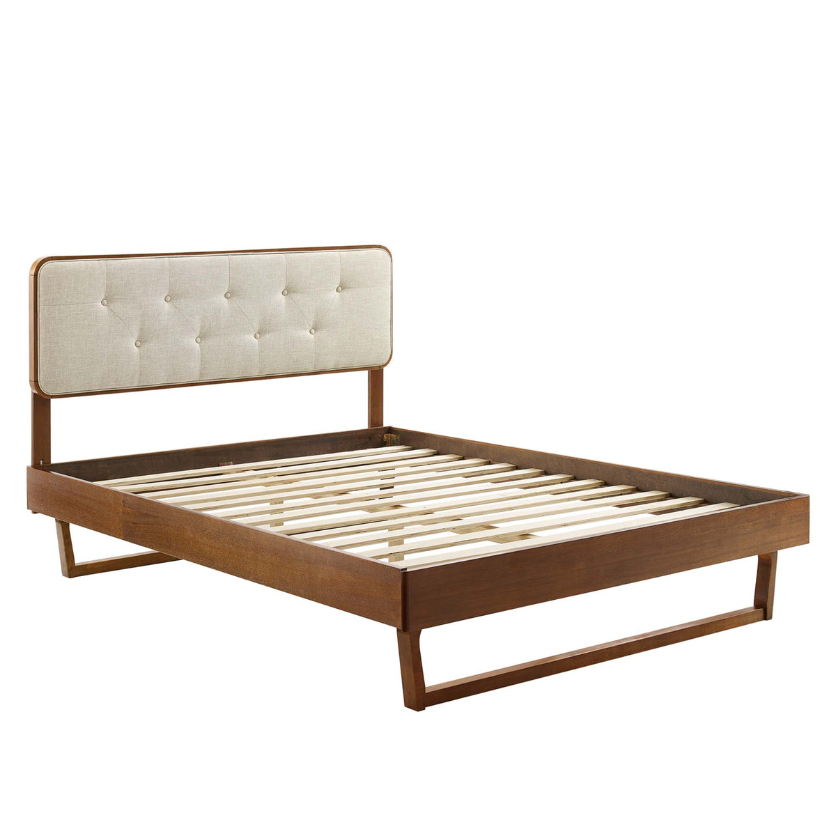 Bridgette Walnut/Beige Wood Full Platform Bed With Angular Frame