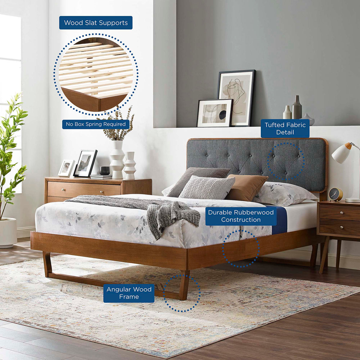 Bridgette Walnut/Charcoal Wood Twin Platform Bed With Angular Frame